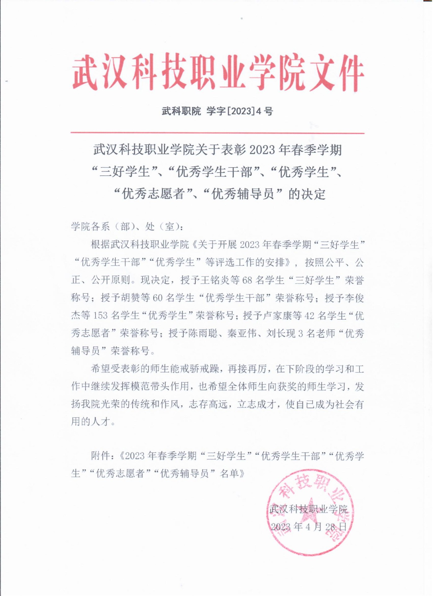 关于表彰beat3652023年春季学期“三好学生”、“优秀学生干部”、“优秀学生”、“优秀志愿者”、“优秀辅导员”的决定